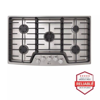 Front view of the LG STUDIO 36" Gas Cooktop - LSCG367ST. Includes a graphic logo that says, Brought to you by America’s Most Reliable Line of Appliances.