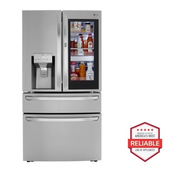 Front view of the 30 cu. ft. Smart InstaView® Door-in-Door® Refrigerator with Craft Ice™ - LRMVS3006S. Includes a graphic logo that says, Brought to you by America’s Most Reliable Line of Appliances.