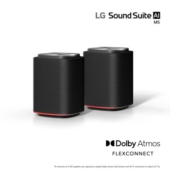 LG M5-P2 Sound Suite AI speakers with black fabric covering, silver tops and red accent lighting featuring Dolby Atmos FlexConnect technology