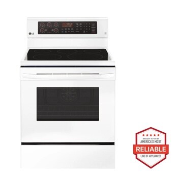 Front view of the 6.3 cu. ft. Electric Single Oven Range with True Convection and EasyClean® - LRE3194SW. Includes a graphic logo that says, Brought to you by America’s Most Reliable Line of Appliances.