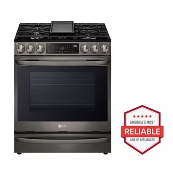 Front view of the 6.3 cu ft. Smart Wi-Fi Enabled ProBake Convection® InstaView™ Gas Slide-in Range with Air Fry - LSGL6337D. Includes a graphic logo that says, Brought to you by America's Most Reliable Line of Appliances.1