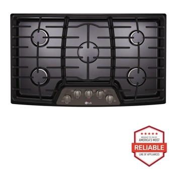 Front view of the 36'' Gas Cooktop with SuperBoil™ - LCG3611BD. Includes a graphic logo that says, Brought to you by America's Most Reliable Line of Appliances.1