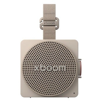 LG xboom MINI_ANOALWG portable speaker with beige fabric strap, square design, circular speaker grille, and side button