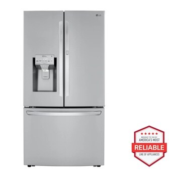 Front view of the 30 cu. ft. Smart wi-fi Enabled Door-in-Door® Refrigerator with Craft Ice™ Maker - LRFDS3016S. Includes a graphic logo that says, Brought to you by America’s Most Reliable Line of Appliances.