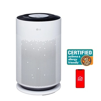 LG AS601HWA0 Air Purifier with perforated mesh design CERTIFIED asthma & allergy friendly badge and smart home app icon1