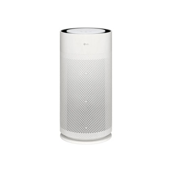 LG AS351GW30 Air Purifier with cylindrical white design featuring perforated exterior and control panel on top - Front View