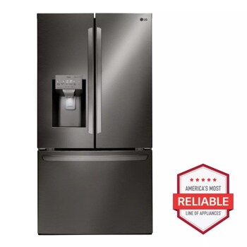 Front view of the 22 cu. ft. Smart wi-fi Enabled French Door Counter-Depth Refrigerator - LFXC22526D. Includes a graphic logo that says, Brought to you by America’s Most Reliable Line of Appliances.