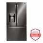 Front view of the 22 cu. ft. Smart wi-fi Enabled French Door Counter-Depth Refrigerator - LFXC22526D. Includes a graphic logo that says, Brought to you by America’s Most Reliable Line of Appliances.