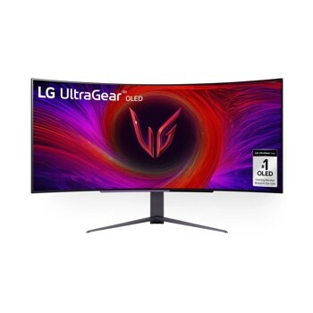 LG 45GS96QB-B UltraGear OLED Gaming Monitor with curved ultrawide display showing vibrant red and purple swirl graphics on stand - Front View