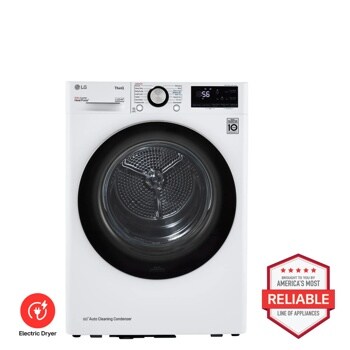 LG DLHC1455W DUAL Inverter HeatPump Electric Dryer with 10 Year Warranty Badge - Front View