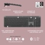 Keyboard 920013271 infographic showing tilt legs, shortcuts and media keys, multi-device connectivity, OS compatibility, and made with 62% recycled plastic