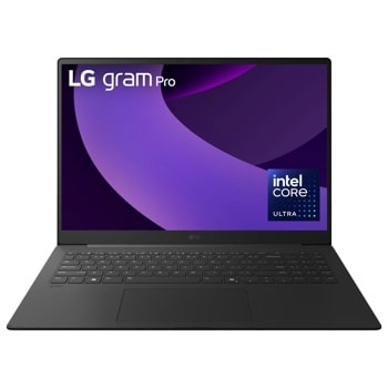 LG Gram 16-Inch 16Z90TS-G.AUG9U1 Laptop with purple display background showing Intel Core Ultra logo - Front View