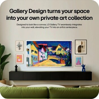 65-Inch LG 65LX7BPUA TV with Gallery Design displaying colorful artwork surrounded by framed art pieces on wall above floating cabinet