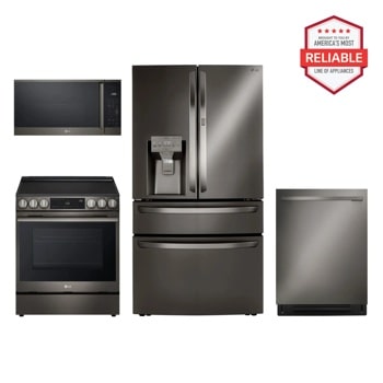 LG Kitchen Package with LRMDS3006D, LSEL6335ZE, MVEM1825Z, LDNTM545D, featuring America's Most Reliable Line of Appliances, Front View1