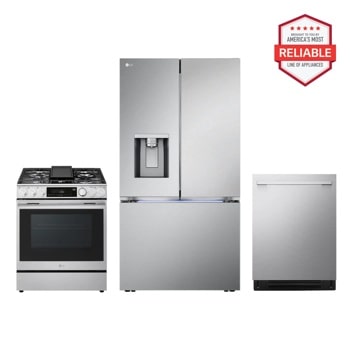 LG LRYXC2606S_LSGL6337X_LDNTH753S kitchen package with gas range, refrigerator, and dishwasher, America's Most Reliable line of appliances Front View1