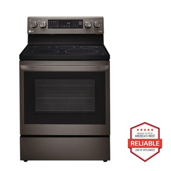 Front view of the 6.3 cu ft. Smart Wi-Fi Enabled True Convection  InstaView® Electric Range with Air Fry - LREL6325D. Includes a graphic logo that says, Brought to you by America’s Most Reliable Line of Appliances.