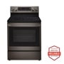 Front view of the 6.3 cu ft. Smart Wi-Fi Enabled True Convection  InstaView® Electric Range with Air Fry - LREL6325D. Includes a graphic logo that says, Brought to you by America’s Most Reliable Line of Appliances.