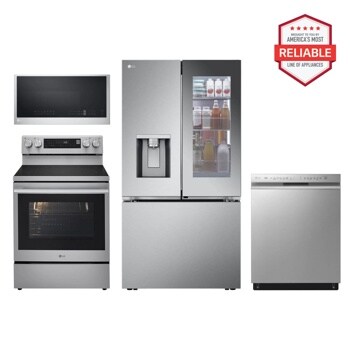 26 cu. ft. Counter-Depth Instaview French Door Refrigerator with Freestanding Electric Range, Front Control Dishwasher and Microwave Kitchen Package in Stainless Steel  LRYKC2606S_LREN6325XE_MVEL2033F_LDFN4542S 
