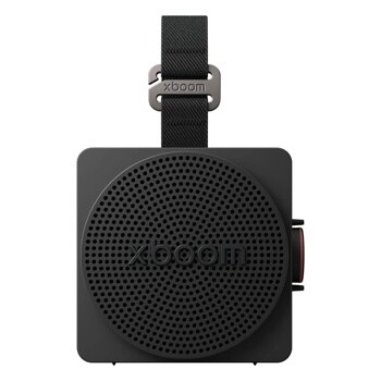 MINI_ANOALBK portable speaker with black fabric strap and circular perforated speaker grille showing xboom logo and side control button