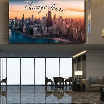 Modern interior with a large cityscape display and elegant furnishings.1
