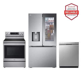 LG LRYKC2606S LREN6325XE LDFN4542S Kitchen Package with America's Most Reliable badge Front View1