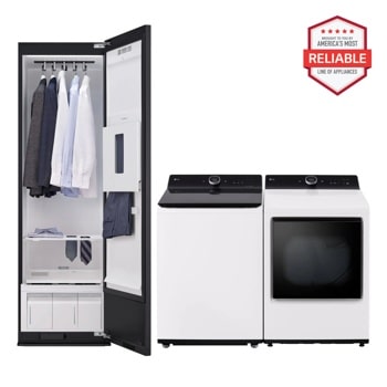 "America's Most Reliable Line of Home Appliances" badge. White LG Styler and Top Load washer and dryer on white background.1