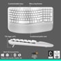 Logitech 920013611 keyboard infographic showing wavy keyframe design, customizable keys, cushioned palm rest, tilt legs, multi-OS connectivity, 3-year battery life, and 61% recycled plastic