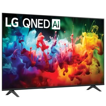 65-Inch LG QNED AI 4K TV 65QNED75BUA displaying vibrant colorful ink swirls in blue, red, yellow and green - Front Angle View