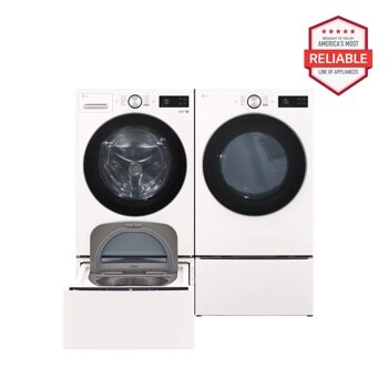 5.0 cu. ft. Front Load Washer and 7.4 cu.ft. Gas Dryer with pedestal washer and drawer in Alpine White WM5800HAA_DLGX5801A_WD300CA_WDP6A