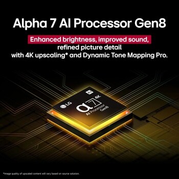 70-Inch 4K UHD TV 70UA7500ZUD Alpha 7 AI Processor Gen8 infographic showing enhanced brightness, improved sound, refined picture detail with 4K upscaling and Dynamic Tone Mapping Pro
