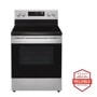 LG stove with black glass top and silver finish, America's Most Reliable line of appliances badge Front View