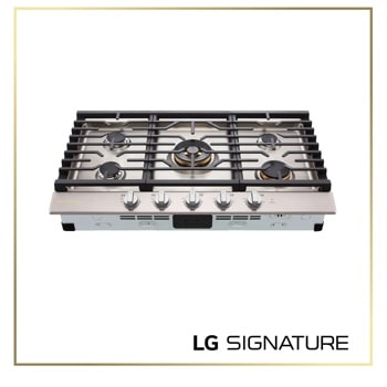 CBGU3639X Gas Cooktop with five burners featuring stainless steel surface, black grates, and front control knobs - Top-Down View1