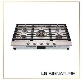 CBGU3639X Gas Cooktop with five burners featuring stainless steel surface, black grates, and front control knobs - Top-Down View