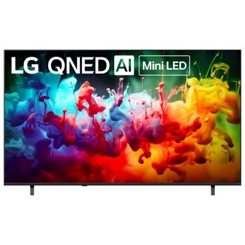 75-Inch LG QNED AI Mini LED TV 75QNED75BUA displaying vibrant colorful ink swirls in blue red yellow and green - Front View