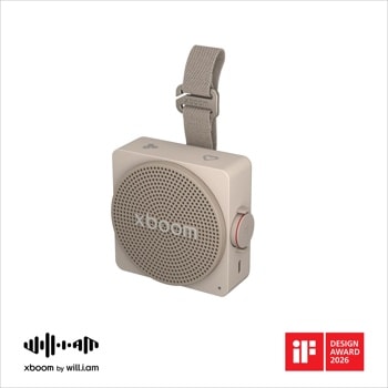 MINI_ANOALWG portable speaker in beige with fabric strap, circular speaker grille, control buttons, and iF Design Award 2026 badge