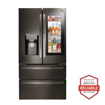 Front view of the 28 cu. ft. Smart wi-fi Enabled InstaView™ Door-in-Door® Refrigerator - LMXS28596D. Includes a graphic logo that says, Brought to you by America’s Most Reliable Line of Appliances.