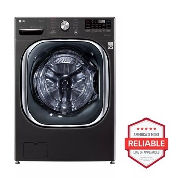 Front view of the 5.0 cu. ft. Mega Capacity  Smart wi-fi Enabled Front Load Washer with TurboWash™ 360° and Built-In Intelligence - WM4500HBA. Includes a graphic logo that says, Brought to you by America’s Most Reliable Line of Appliances.