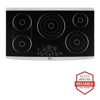 Front view of the LG STUDIO 36" Electric Cooktop - LSCE365ST. Includes a graphic logo that says, Brought to you by America's Most Reliable Line of Appliances.1