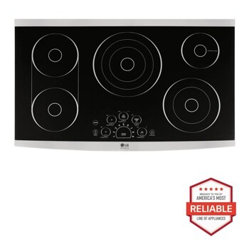 Front view of the LG STUDIO 36” Electric Cooktop - LSCE365ST. Includes a graphic logo that says, Brought to you by America’s Most Reliable Line of Appliances.