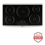 Front view of the LG STUDIO 36” Electric Cooktop - LSCE365ST. Includes a graphic logo that says, Brought to you by America’s Most Reliable Line of Appliances.