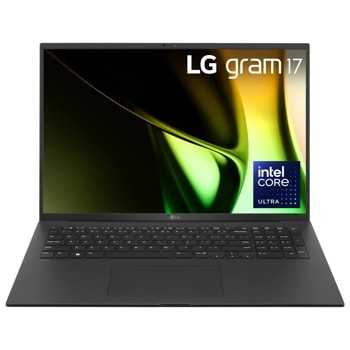LG gram 17 laptop with Intel Core Ultra processor, black finish, open screen displaying LG gram 17 and Intel Core Ultra logo, keyboard visible Front View