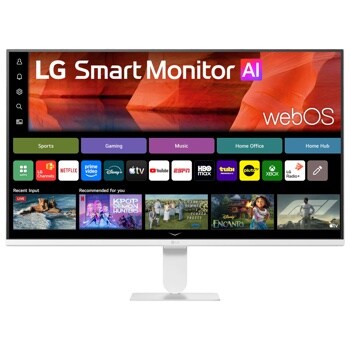 LG 27U511SB-W Smart Monitor with webOS interface displaying streaming apps and content recommendations - Front View