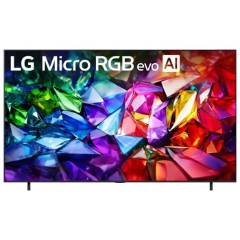 86-Inch LG Micro RGB evo AI 4K QNED TV 86MRGB95BUA displaying vibrant colorful crystal-like graphics - Front View
