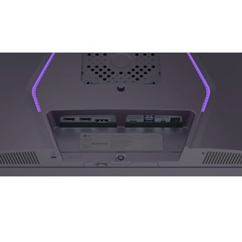 LG 27GM950B-B 27-Inch UltraGear Gaming Monitor back panel with HDMI, DisplayPort, USB-C ports and purple LED accent lighting - Back View with Ports