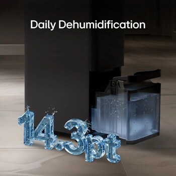 DT501BKR0 Dehumidifier infographic showing Daily Dehumidification with 14.3-pint water tank capacity