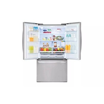 28 cu. ft. french door refrigerator interior view stocked with items