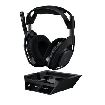 Logitech 939002126 wireless gaming headset with plush ear cushions displayed above charging dock with G logo and connectivity indicators
