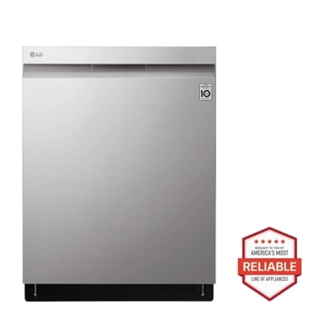 Front view of the Top Control Smart wi-fi Enabled Dishwasher with QuadWash™ and TrueSteam® - LDP6809SS. Includes a graphic logo that says, Brought to you by America's Most Reliable Line of Appliances.1