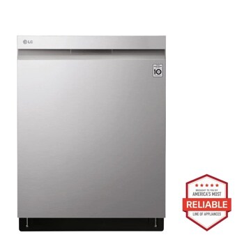Front view of the Top Control Smart wi-fi Enabled Dishwasher with QuadWash™ and TrueSteam® - LDP6809SS. Includes a graphic logo that says, Brought to you by America’s Most Reliable Line of Appliances.