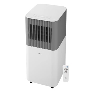 LG LP0526PGF Portable Air Conditioner with white and gray design featuring top control panel and remote control - Front View1